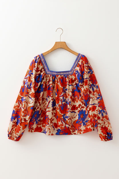 Multicolour Floral Print Square Neck Backless Loose Fit Blouse