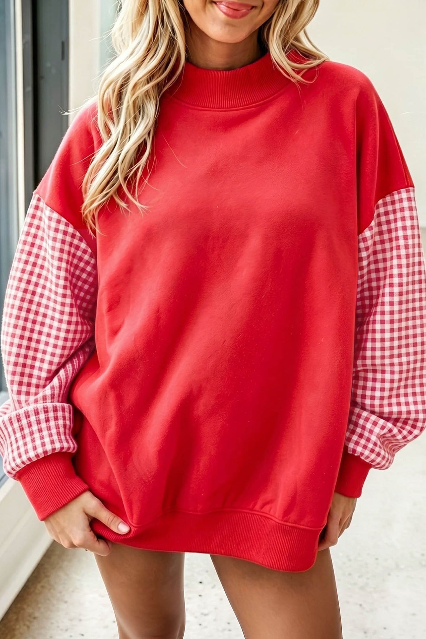 Pink Plaid Sleeve Colorblock Loose Tunic Sweatshirt