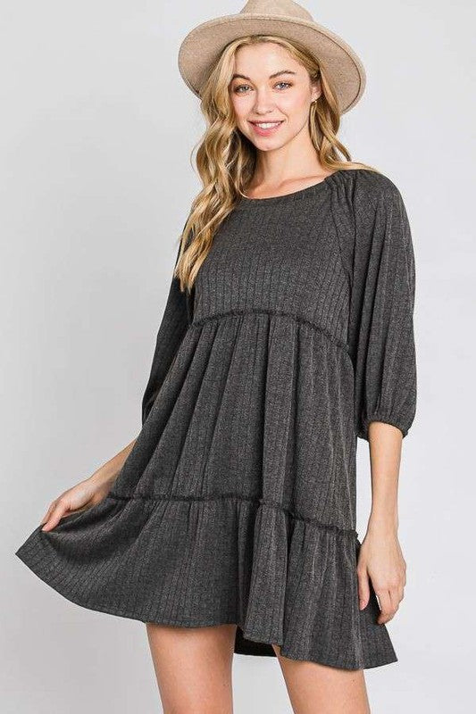 SOLID RIB CASUAL BABYDOLL TIERED DRESS