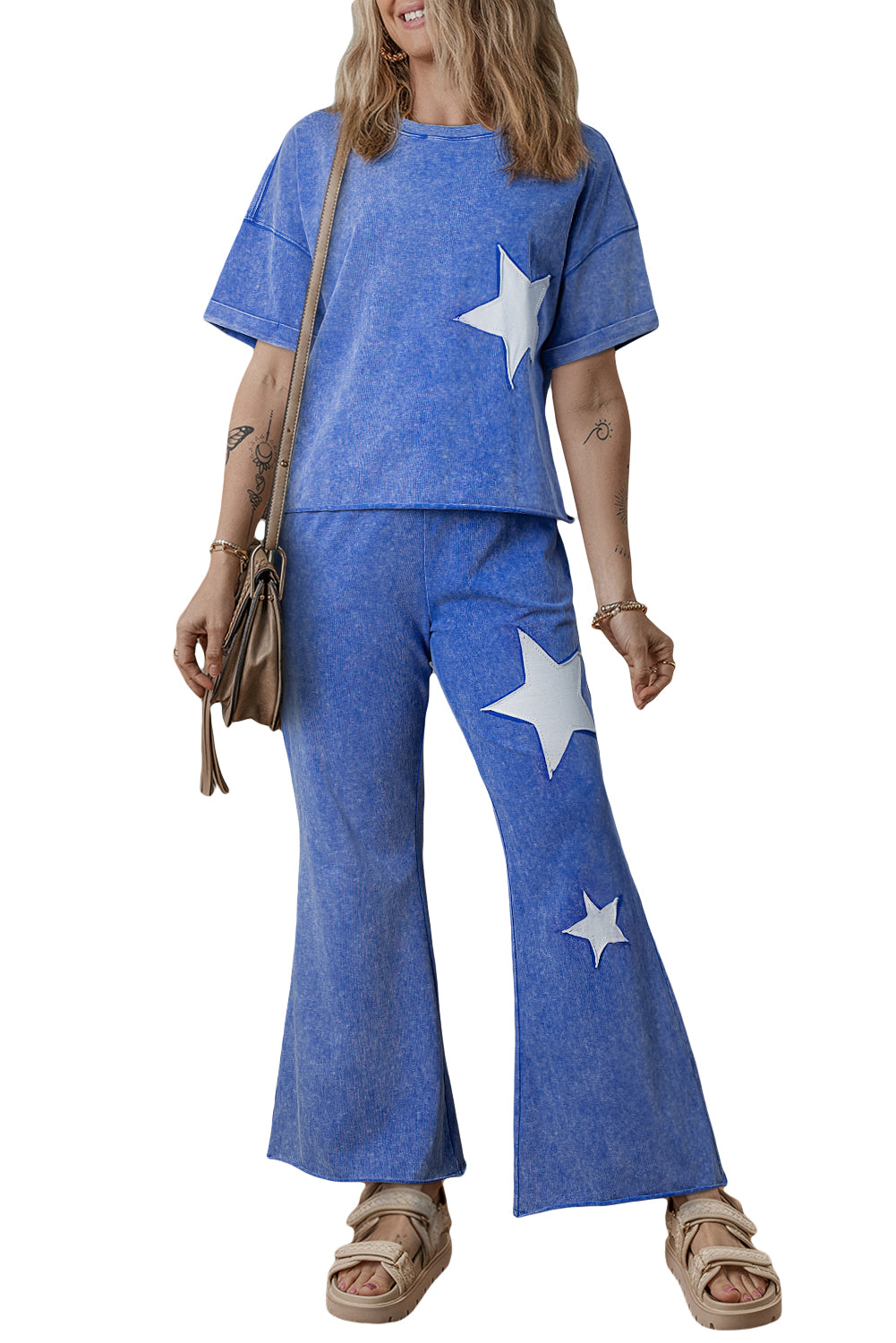 Ashleigh Blue Acid Wash Star Patched Rolled Trim Pants Set