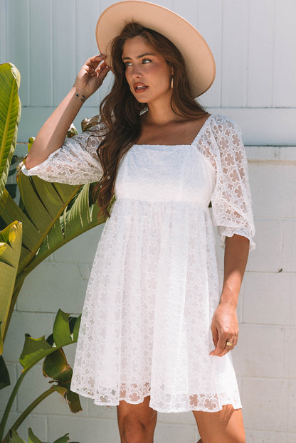 White Floral Lace Puff Sleeve Empire Waist Mini Dress