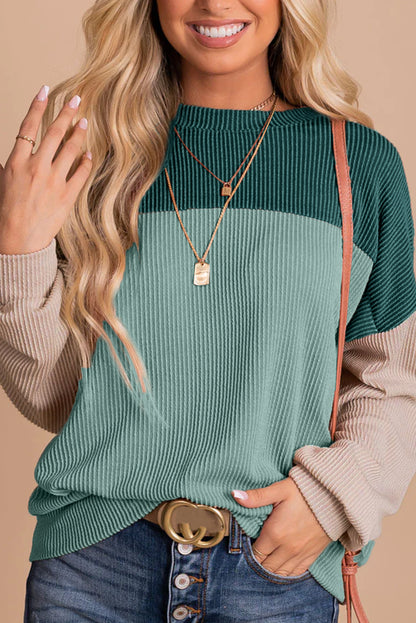Multicolor Color Block Long Sleeve Ribbed Loose Top