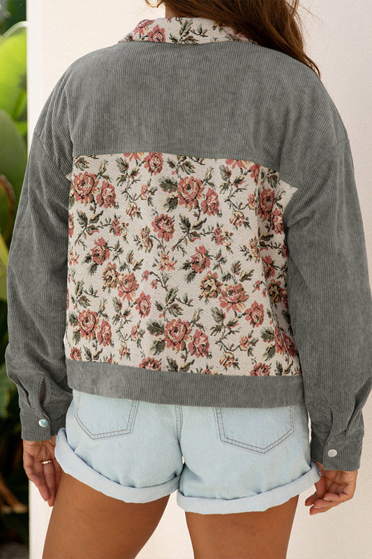 Medium Grey Corduroy Floral Patchwork Vintage Jacket