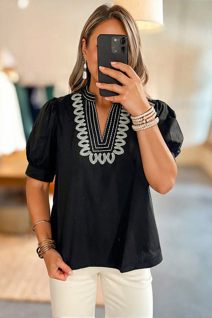 Black Short Puff Sleeve Contrast Embroidered Detail V Neck Blouse