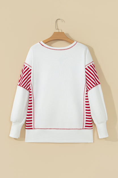 White Striped Contrast Christmas Tree Patchwork Puff Sleeve Top