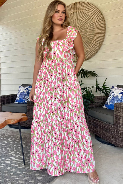 Pink Plus Size Ruffle Trim Square Neck High Waist Floral Maxi Dress