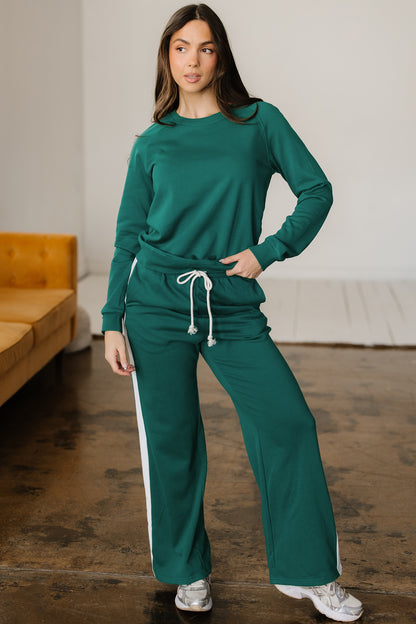 Sea Green Solid Color Pullover Top Varsity Stripe Detail Loose Drawstring Pants Set