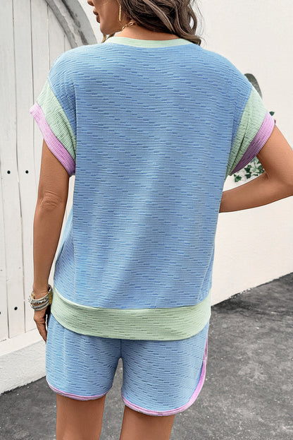 Beau Blue Corded Knit Contrast Trim Round Neck Cap Sleeve 2pcs Short Set