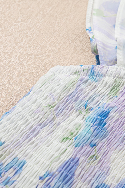 Sky Blue Floral Smocked High Waist Double Ruffle Sleeveless Long Dress