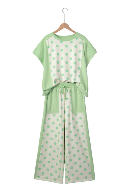 Pink Color Block Patchwork Polka Dot Wide Leg Pant Set