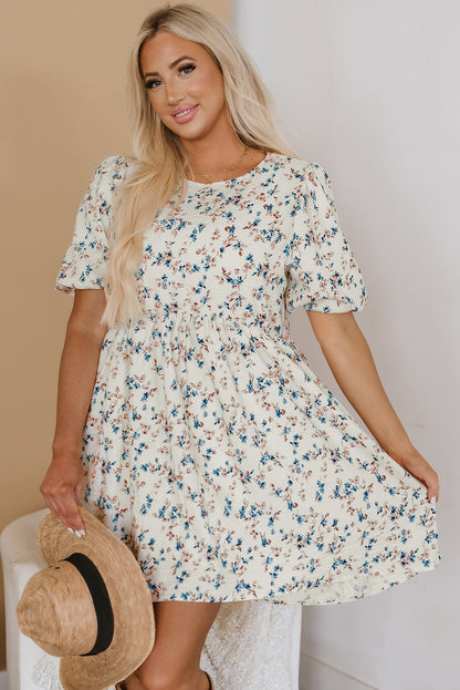 Beige Floral Puff Short Sleeve Empire Waist Mini Dress