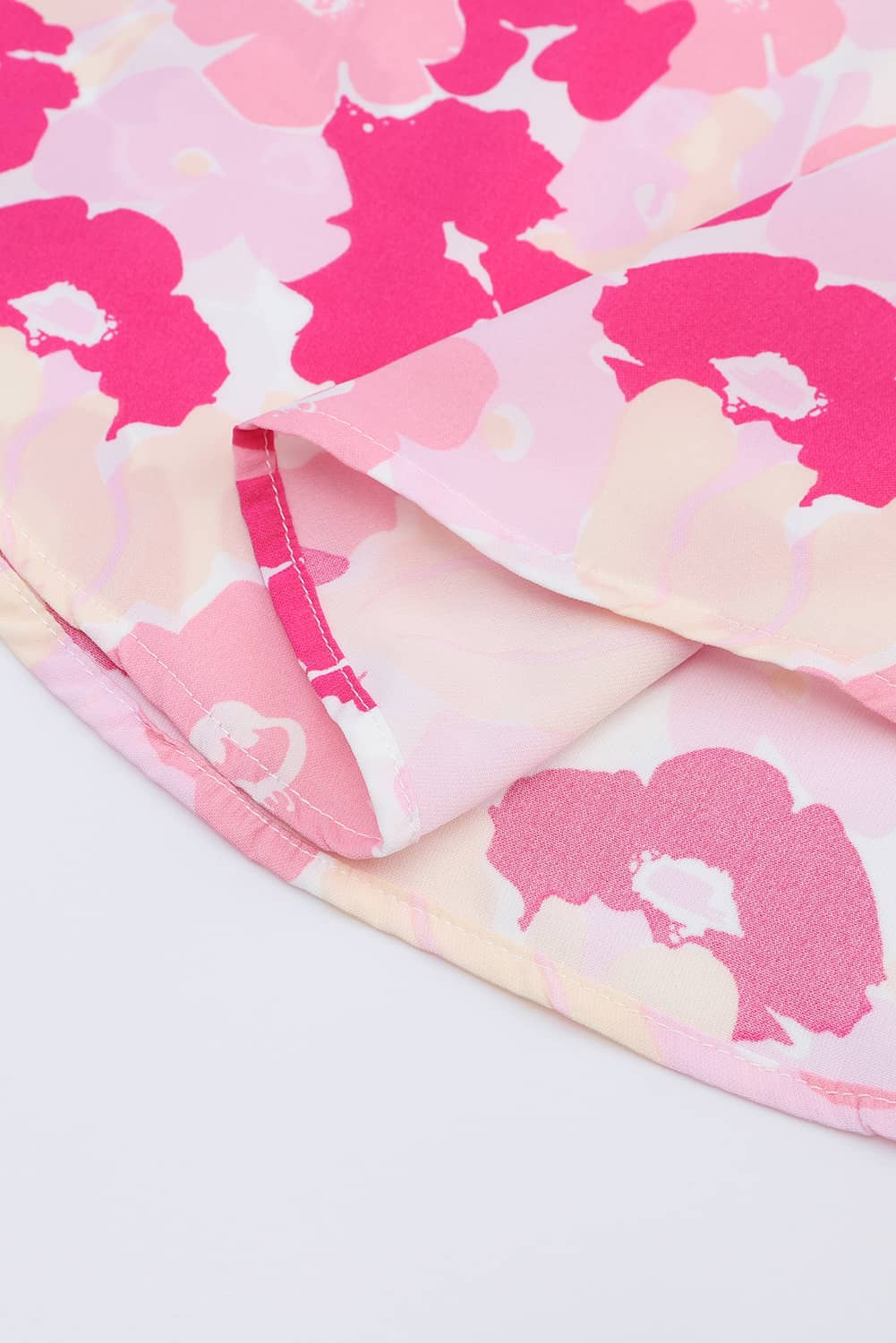 Pink Split Neck Ruffled Puff Sleeves Floral Top