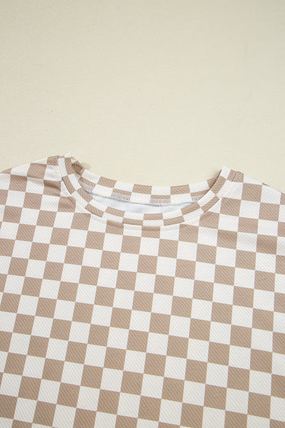 Khaki Checkered Long Sleeve Crop Top High Waist Skort 2pcs Set