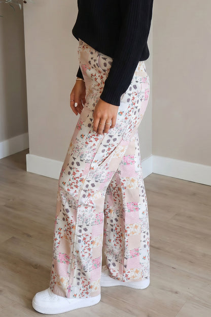Pink Floral Patchwork Wide Leg Full Length Jeans