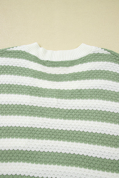 Green Stripe V Neck Short Sleeve Sweater with Side Slits