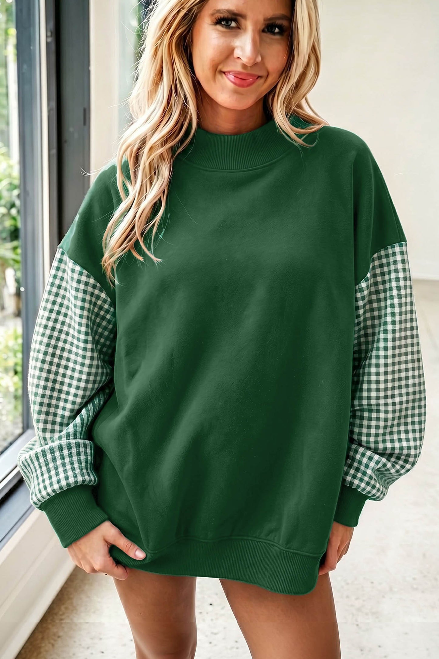 Pink Plaid Sleeve Colorblock Loose Tunic Sweatshirt