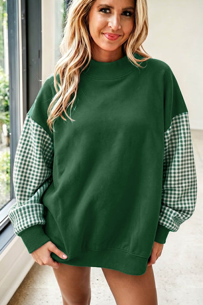 Pink Plaid Sleeve Colorblock Loose Tunic Sweatshirt