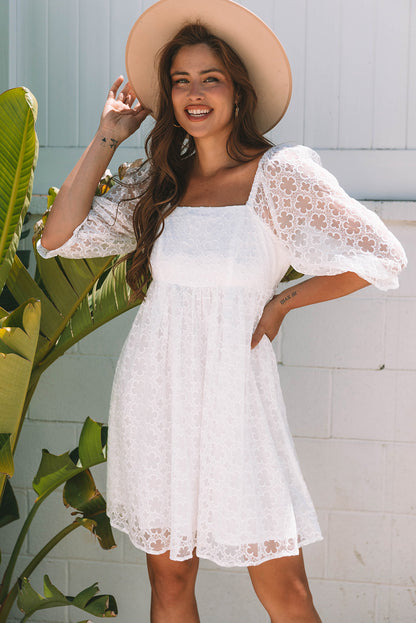 White Floral Lace Puff Sleeve Empire Waist Mini Dress