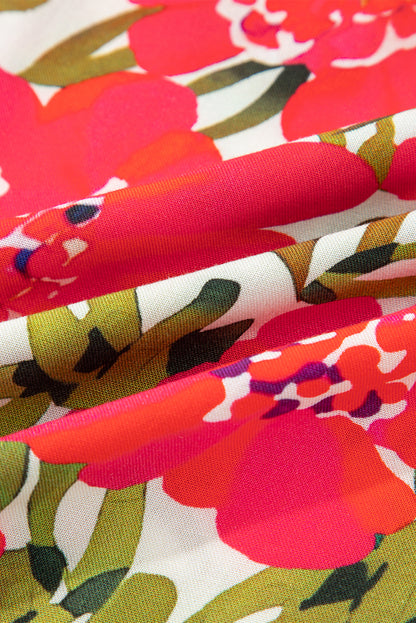 Red Floral Print Lace up V Neck Flounce Sleeve Blouse