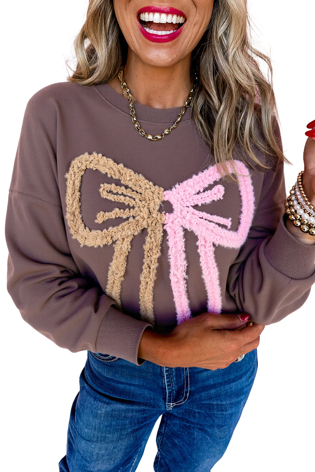Dark Khaki Contrast Terry Bow Pattern Drop Shoulder Sweatshirt