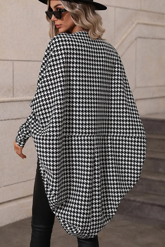 Black Houndstooth Print Open Front Long Dolman Kimonos