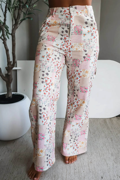 Pink Floral Patchwork Wide Leg Full Length Jeans