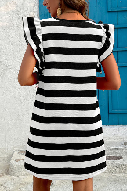 Green Stripe Flutter Sleeve Round Neck Shift Dress