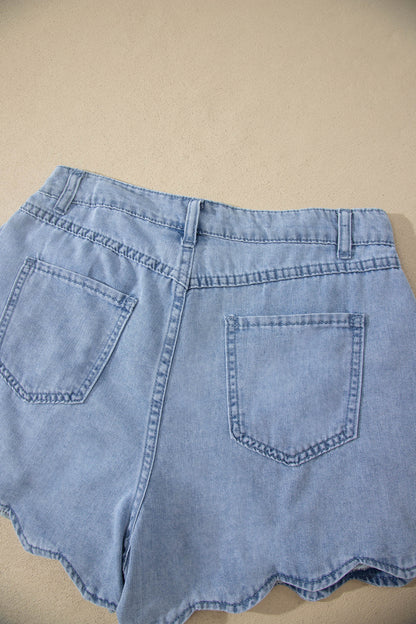 Myosotis Solid Color Scalloped Trim Casual Denim Shorts