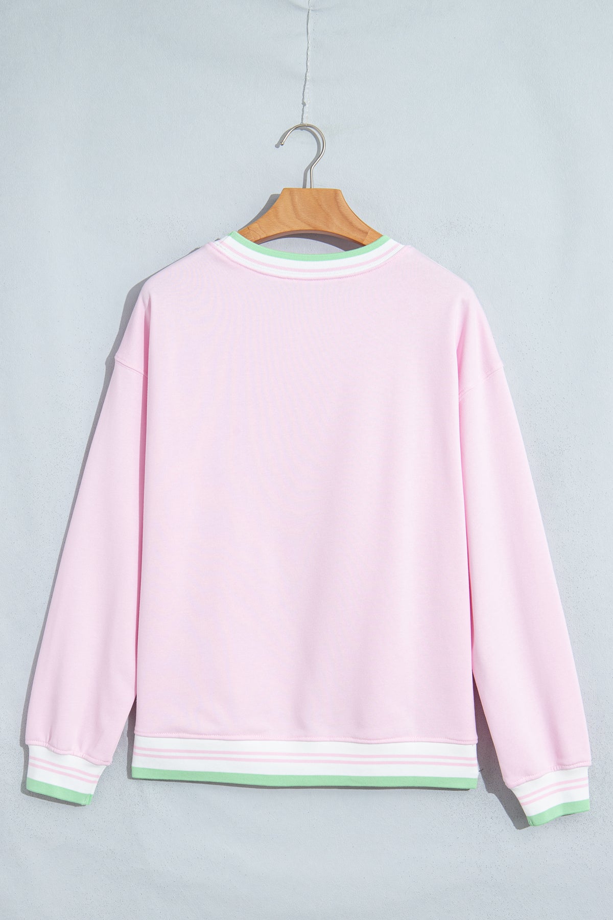 Light Pink Contrast Striped Trim Baggy Pullover Sweatshirt