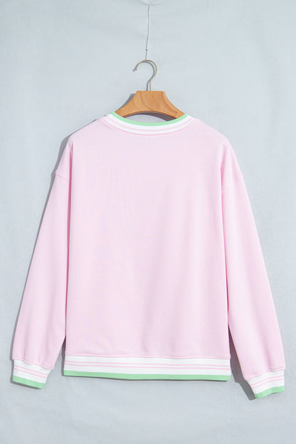 Light Pink Contrast Striped Trim Baggy Pullover Sweatshirt