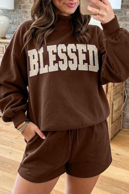 Dark Green Christian Slogan Print Mock Neck Pullover and Shorts Set