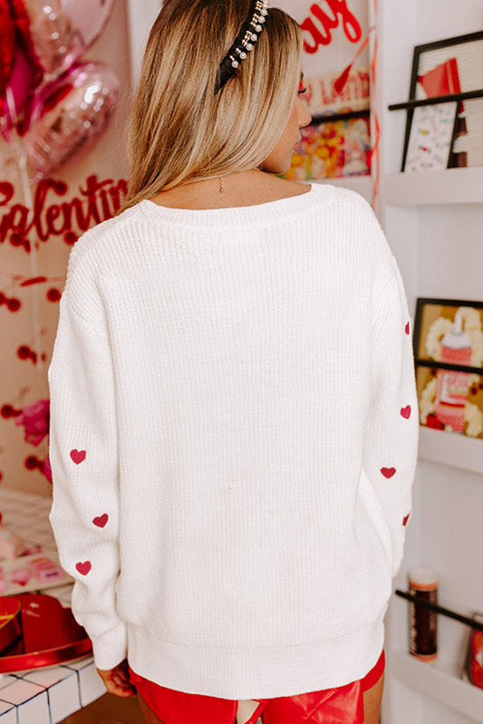 White Heart Shape Drop Shoulder Round Neck Sweater