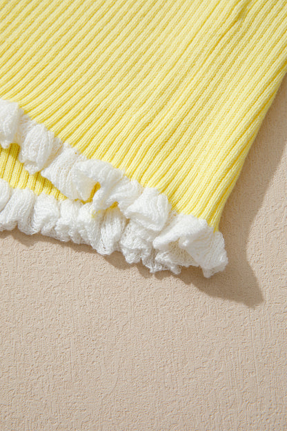 Yellow Cream Ribbed Knit Contrast Frilled Short Sleeve Sweater Cardigan
