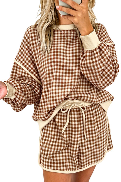 Red Gingham Oversized Ribbed Trim Crew Neck Long Sleeve Top and Skort Set