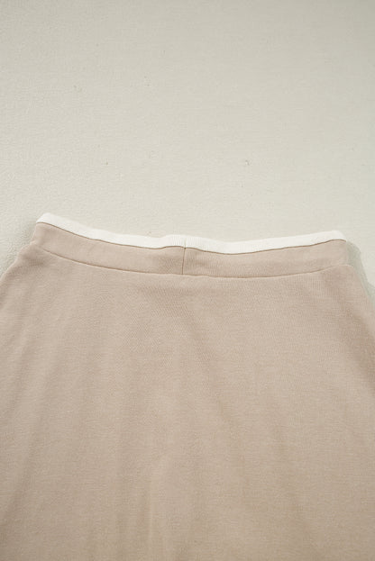 Parchment Raw Edge Detail Colorblock Patchwork Cropped Pullover Drawstring Skirt Set