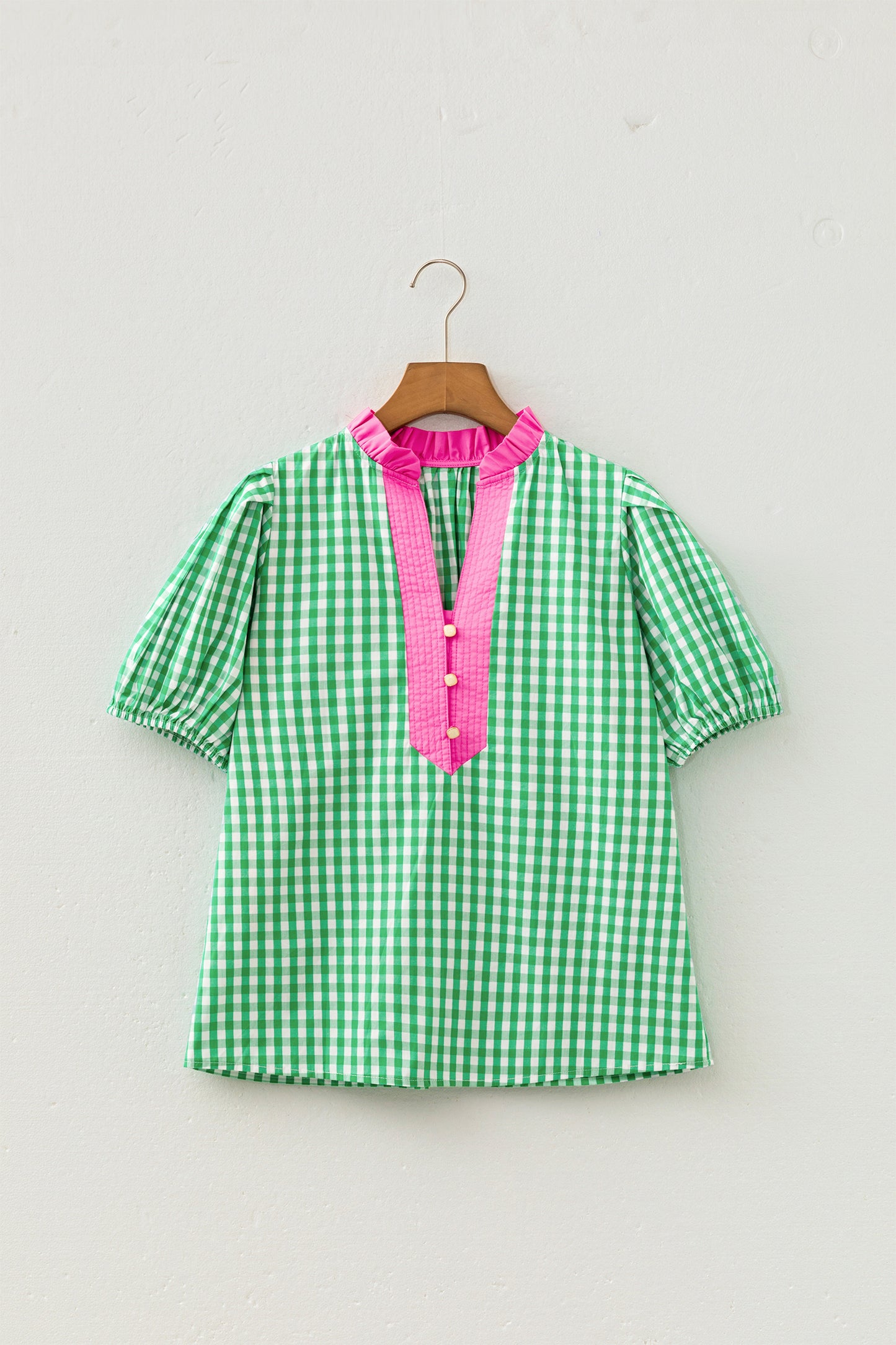 Green Gingham Plaid Bubble Sleeve Colorblock Trim V Neck Blouse