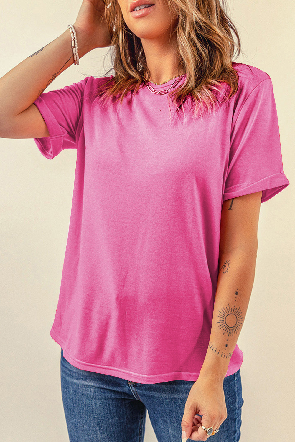 Yellow Cream Casual Plain Crew Neck Tee
