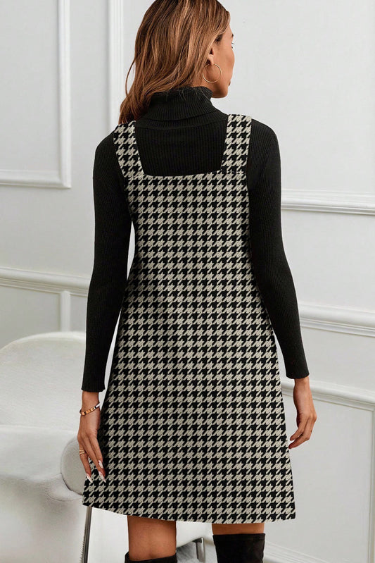 Khaki Houndstooth Print V Neck Sleeveless Mini Dress