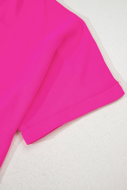 Bright Pink Seamed Back High Low Hem V Neck Cuffed Sleeve Plus Size Tee