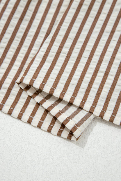 Khaki Stripe Plus Size Color Block Patchwork Half Button Long Sleeve Peplum Blouse