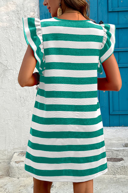 Green Stripe Flutter Sleeve Round Neck Shift Dress