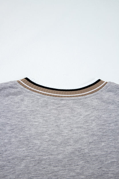 Navy Blue Varsity Contrast Striped Trim V Neck Sweatshirt