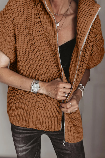 Jet Stream Solid Color Short Sleeve Zipper Knit High Neck Sweater