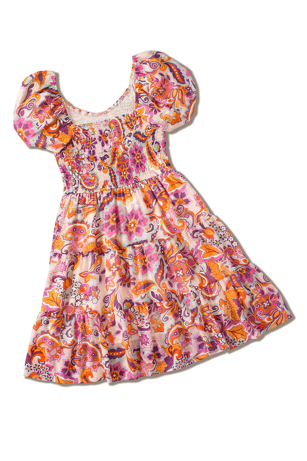 Multicolor Boho Print Smocked Ruffled Puff Sleeve Mini Dress