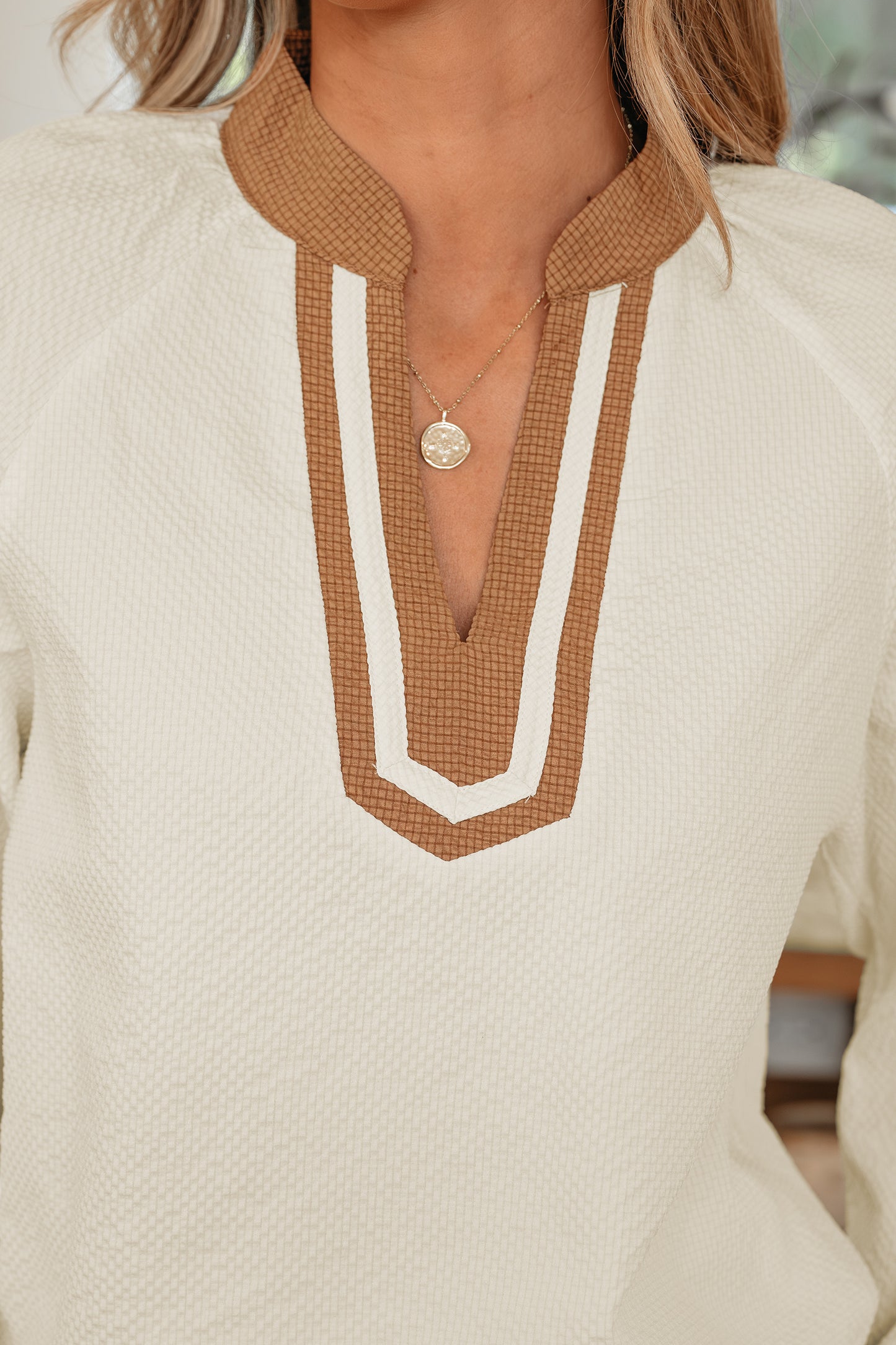 Black Color Block Patchwork Detail V Neck Textured Long Sleeve Blouse