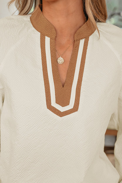 Black Color Block Patchwork Detail V Neck Textured Long Sleeve Blouse