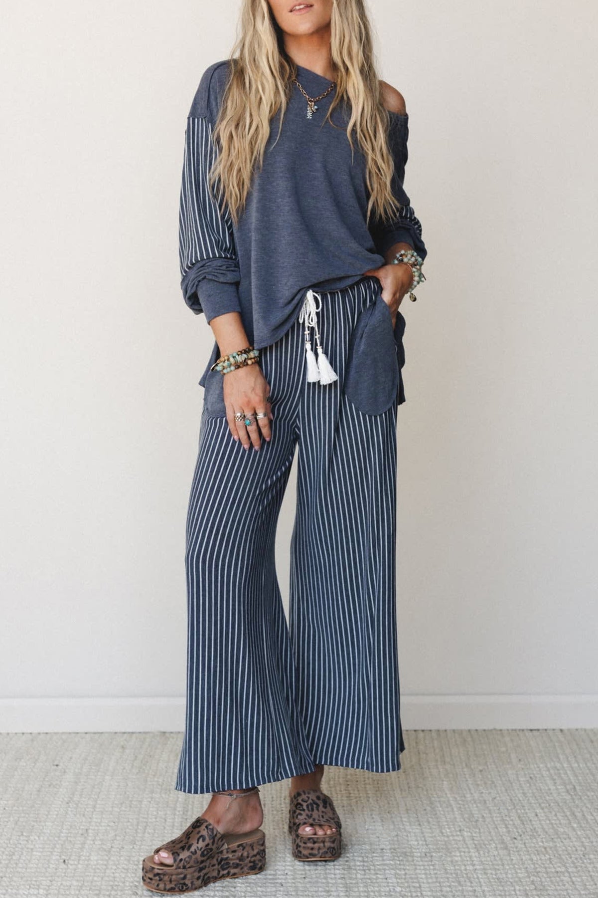 Green Bay Raw Seam Patchwork Long Sleeve Top Pocket Casual Pants 2pcs Set