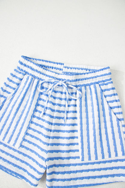 Sky Blue Stripe Knitted Short Sleeve Top and Drawstring Shorts Set