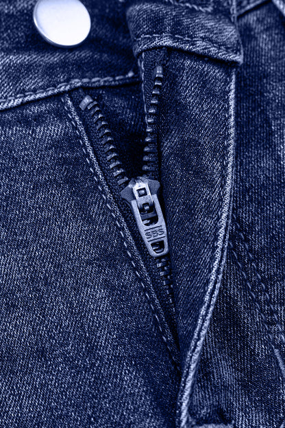 Real Teal Folded Cuffs Distressed Straight High Waist Jeans