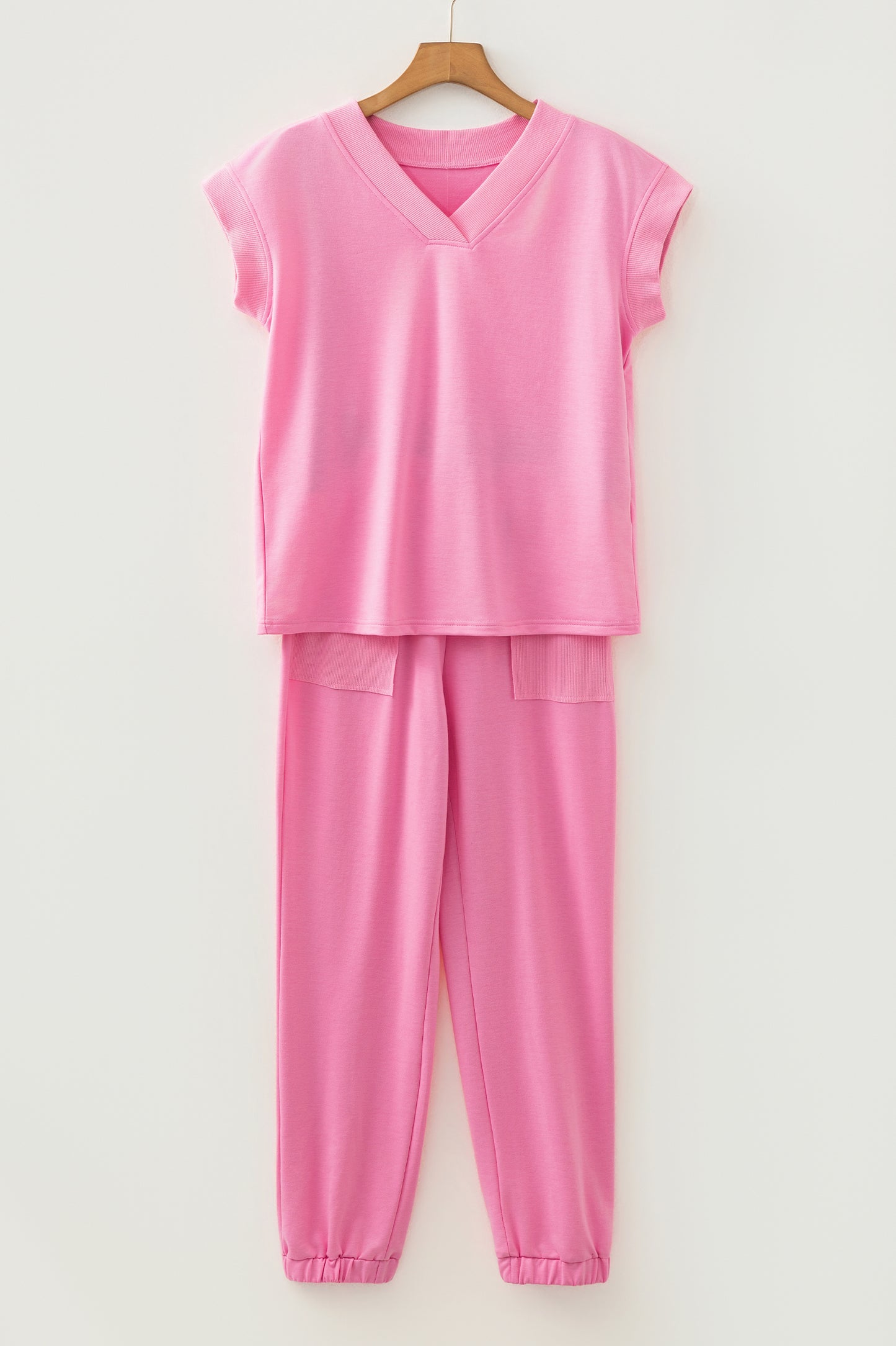 Bonbon Solid Color V Neck Tee Drawstring Pant Set